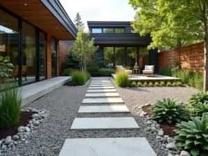 Contemporary Rain Garden - Modern drainage-focused patio with crushed granite and river rocks, featuring water-loving plants and contemporary wooden walkways