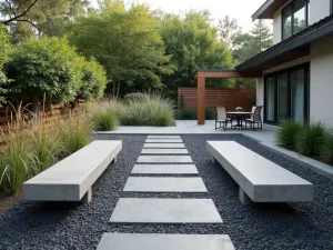 Contemporary Slate Chip Oasis - Modern patio with dark crushed slate chips, featuring built-in concrete benches and sculptural ornamental grasses