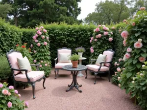 Cottage Garden Crushed Stone Path - Romantic cottage garden patio with pale pink crushed stone, surrounded by climbing roses and foxgloves, featuring vintage metal furniture