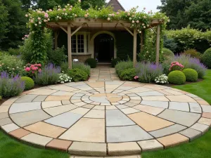 Cottage Limestone Circle - Circular limestone patio with a radiating pattern, surrounded by English cottage garden flowers and climbing roses on wooden pergola