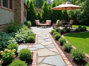 Cottage Stone Path Patio - Irregular stone pathway leading to a small patio area, bordered by budget-friendly perennials and recycled brick edges