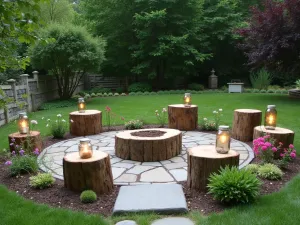 Country Stone Gathering Space - Informal stone circle patio with wildflower borders and DIY wooden stumps as seating, featuring mason jar lighting