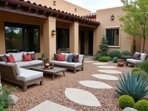 Desert Chic Pebble Garden - Southwestern style patio with mixed-size crushed pebbles, featuring succulent gardens, weathered wood furniture, and copper accents