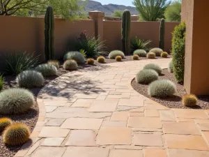 Desert Modern Paver Layout - Large-format sandstone-colored pavers with minimal gaps, accented by desert landscaping including barrel cacti and silver sage, under bright sunlight