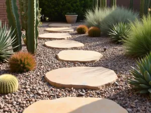 Desert Rock Garden Patio - Sandstone stepping stones arranged in a casual pattern, surrounded by succulents, cacti, and desert wildflowers, with decorative gravel infill