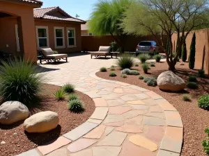 Desert Sandstone Retreat - Warm sandstone patio with organic curves, decorated with desert landscaping, featuring succulents and ornamental grasses in rock gardens