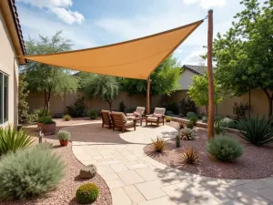 Desert Stone Retreat - Sandstone and gravel patio with desert-adapted plants in recycled containers, featuring a DIY canvas shade sail