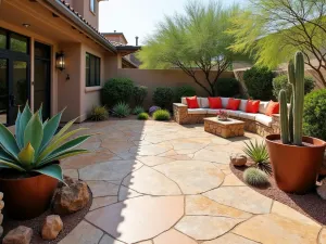 Desert Stone and Succulent Patio - Sandstone patio with embedded fossil details, surrounded by dramatic desert landscaping. Large agaves and barrel cacti in raised cor-ten steel planters. Built-in stone seating with colorful cushions.