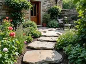 English Cottage Stone Path - Weathered stone stepping stones leading to a charming patio area, bordered by cottage garden flowers, climbing roses, and herb plantings