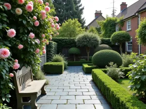 English Garden Bluestone Terrace - A formal English garden-style bluestone terrace with climbing roses, boxwood hedges, and an antique stone bench