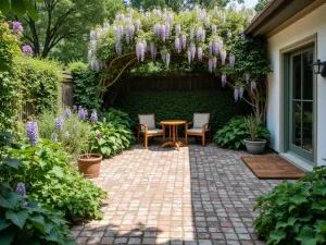 English Garden Paver Pattern - Weathered brick-style pavers in a basket weave pattern, creating a charming English garden patio surrounded by climbing wisteria and cottage garden perennials