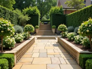 English Garden Stone Terrace - Honey-colored limestone terrace with classic balustrade detail. Borders filled with hydrangeas and boxwood hedging. Lead planters with standard bay trees frame stone steps. Traditional garden furniture.