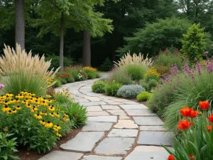 Fieldstone Country Charm - Rustic fieldstone patio with wildflower borders, featuring native grasses and black-eyed susans in a casual country garden setting