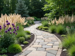 Flagstone River Garden - Natural flagstone patio with a meandering design, bordered by flowing ornamental grasses and purple coneflowers