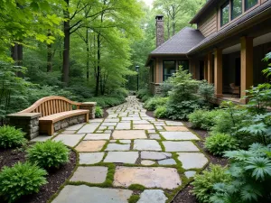 Forest Edge Paver Pattern - Natural stone pavers in varied earth tones, creating a woodland patio with moss-filled joints, surrounded by native ferns and shade-loving perennials