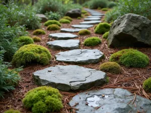 Forest Floor Stone Layout - Natural stone stepping stones arranged to mimic a forest floor, surrounded by native woodland plants, pine needles, and moss