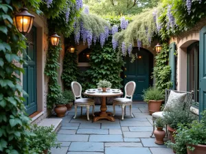 French Country Bluestone Dining Patio - A charming bluestone dining patio with climbing wisteria, vintage-style bistro furniture, and copper lanterns