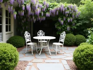 French Country Limestone Court - Elegant crushed limestone patio with vintage-style bistro set, surrounded by boxwood hedges and climbing wisteria