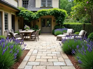 French Country Paver Layout - Antiqued limestone pavers in a classic running bond pattern, creating a romantic French country patio surrounded by lavender beds and climbing roses