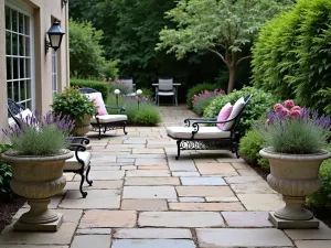 French Country Stone Terrace - Aged limestone patio with traditional pattern, weathered to perfection. Lavender and roses in antique stone urns. Wrought iron furniture with classic French design elements.