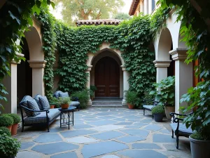 Gothic Revival Bluestone Courtyard - A dramatic bluestone courtyard with pointed arch details, climbing ivy, and wrought iron furniture