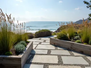 Granite Coastal Retreat - Seaside patio with salt-and-pepper granite pavers, featuring coastal grasses and hardy succulents in weathered wooden planters