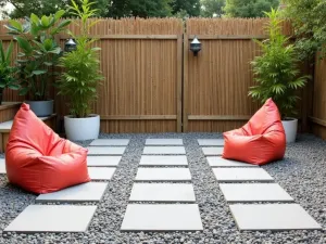 Gravel and Paver Combination - Simple concrete pavers set in decorative gravel with potted bamboo screens and budget-friendly outdoor bean bags