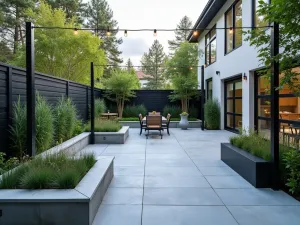 Industrial Bluestone Urban Patio - Contemporary bluestone patio with clean lines and metal accents. Built-in concrete planters with ornamental grasses and bamboo. String lights suspended overhead between steel posts.