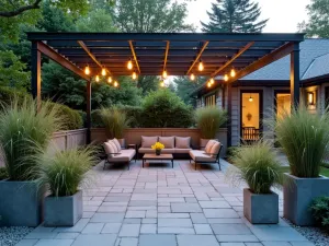 Industrial Chic Bluestone Space - An urban bluestone patio with steel pergola, Edison bulb lighting, and concrete planters filled with tall ornamental grasses