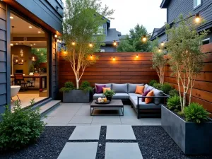 Industrial Chic Gravel Space - Urban patio with dark crushed basalt, featuring metal container gardens, string lights, and modern industrial furniture