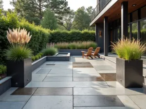 Industrial Modern Paver Layout - Large-format concrete pavers with metal inlays, creating an industrial-chic patio space with architectural steel planters containing tall ornamental grasses