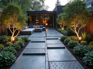 Industrial Modern Stone Design - Large concrete stepping stones with metal inlays creating an industrial-style patio, complemented by structural plants and LED lighting