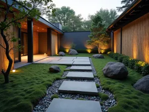 Japanese Zen Stone Path - A minimalist Japanese-style stepping stone path leading to a small patio area, with moss growing between stones, bamboo screens, and carefully placed river rocks, soft evening lighting