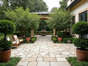 Limestone French Courtyard - Elegant French-style limestone patio with herringbone pattern, surrounded by perfectly manicured topiaries and espaliered fruit trees