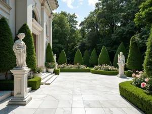 Marble European Elegance - Luxurious white marble patio with classical statuary, trimmed boxwood hedges, and formal rose gardens