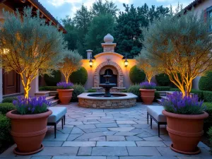 Mediterranean Bluestone Courtyard - A Mediterranean-style bluestone patio with terracotta pots filled with lavender and olive trees, warm evening lighting, and a rustic stone fountain