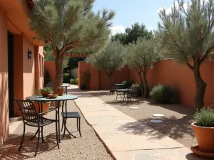 Mediterranean Budget Stone - Terracotta and stone patio with gravel sections, featuring potted olive trees and simple wrought iron furniture