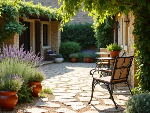 Mediterranean Crushed Limestone Haven - Sun-washed crushed limestone patio with terracotta pots, lavender borders, and wrought iron furniture, creating a warm Mediterranean atmosphere