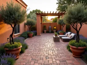 Mediterranean Herringbone Paver Design - Terracotta-colored herringbone pattern paver stones creating a warm Mediterranean patio space, with potted olive trees and lavender borders, late afternoon lighting