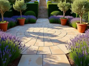 Mediterranean Stone Patio with Lavender Border - A circular stone patio with natural limestone pavers arranged in a fan pattern, bordered by blooming lavender plants. Terracotta pots with olive trees frame the space, creating a warm Mediterranean atmosphere. Late afternoon sunlight casts long shadows across the textured stone surface.