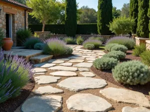 Mediterranean Stone Terrace - Large irregular limestone stepping stones creating a rustic patio space, with lavender and rosemary borders, terra cotta pots, and Mediterranean cypress trees in the background