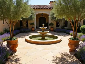 Mediterranean Travertine Courtyard - Elegant Mediterranean-style patio with honey-colored travertine stone pavers, featuring a central fountain, potted olive trees, and lavender borders, bathed in warm sunlight