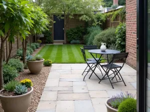 Mixed Material Stone Patio - A cost-effective patio combining gravel borders with irregular limestone pavers, featuring potted succulents and a vintage metal bistro set