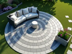 Modern Bluestone Circular Patio - A circular bluestone patio with concentric patterns, featuring modern outdoor furniture and sleek planters, photographed from above in natural daylight