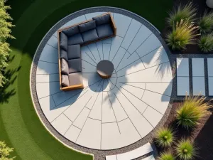 Modern Circular Paver Stone Patio - A contemporary circular patio design with light grey geometric pavers arranged in a radiating pattern, surrounded by ornamental grasses and modern outdoor furniture, photographed from above in natural daylight