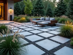 Modern Geometric Stone Pattern - Contemporary patio design with large square cut granite stepping stones arranged in a precise geometric pattern, with artificial lighting and ornamental grasses