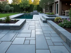 Modern Gradient Bluestone Design - A contemporary patio featuring varying shades of bluestone in a gradient pattern, with sleek water features and architectural succulents