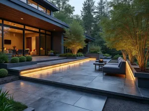 Modern Granite Steps - Contemporary multi-level patio with clean-lined charcoal granite slabs, featuring built-in LED lighting and minimalist bamboo planters