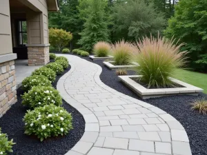 Modern Minimalist Stone - Clean-lined concrete pavers with black river rock borders, featuring geometric planters with ornamental grasses