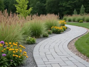 Modern Prairie Paver Design - Clean-lined rectangular pavers in warm grey tones, arranged in a staggered pattern with ornamental grasses and native wildflowers creating a prairie-style border